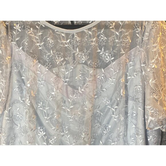 CARAMIA Lace Overlay Dress Blouse Sheer Gray Coquette Floral Women 24W VTG Plus - Picture 7 of 11